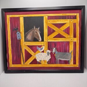 Framed Farm Animal Barn Hand Painted Horse Sheep Goat Rustic Farm Wall (Bx X)